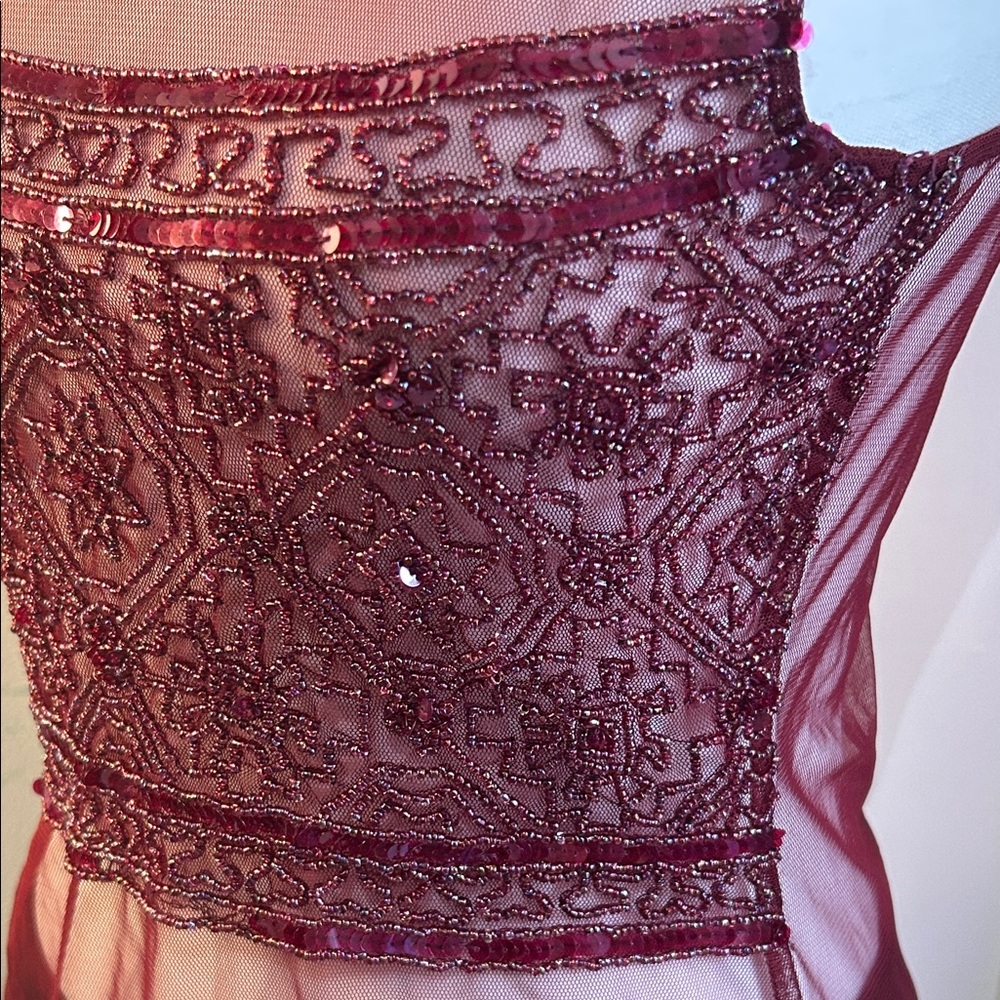 Passport  Vintage 90s Burgundy Beaded and Sequined Embellished Sheer Tank Top - Picture 5 of 14